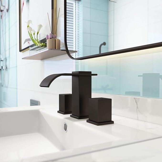 Luxury Brass Widespread Waterfall Bathroom Sink Faucets for 3 Hole 2-Handle 8 Inch Deck Vanity Faucet, &Stainless Steel Pop-up Drain Assembly, Matte Black