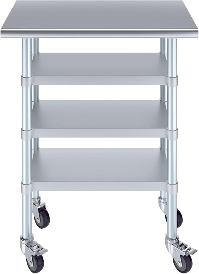 AmGood Stainless Steel Work Table with 3 Shelves and Casters | Kitchen Island Food Prep | Laundry Garage Utility Bench | NSF Certified (30" Long x 18" Deep)