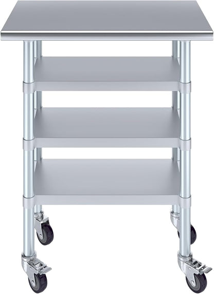 AmGood Stainless Steel Work Table with 3 Shelves and Casters | Kitchen Island Food Prep | Laundry Garage Utility Bench | NSF Certified (30" Long x 18" Deep)