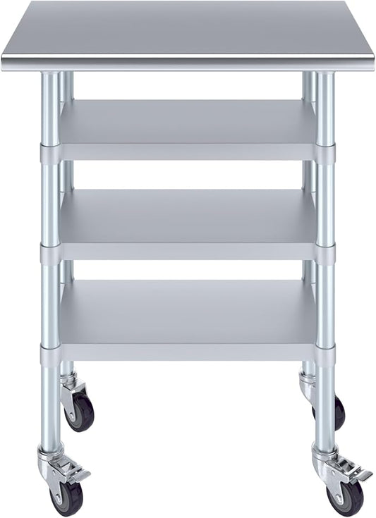 AmGood Stainless Steel Work Table with 3 Shelves and Casters | Kitchen Island Food Prep | Laundry Garage Utility Bench | NSF Certified (30" Long x 18" Deep)