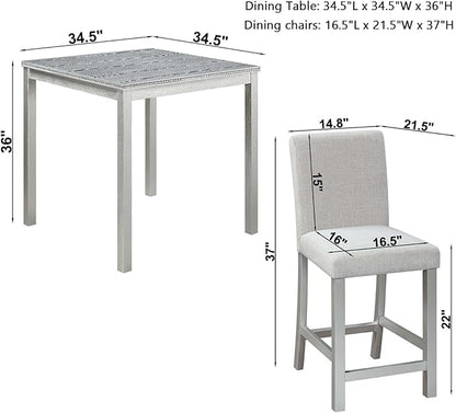 Dining Table Set for 4, 5-Piece Dining Room Table Set with Square Crystal Decoration Table & 4 Upholstered Backrest Chairs, Counter Height Kitchen Sets with Wood Grain & Footrest, Silver Gray
