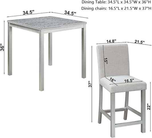 Dining Table Set for 4, 5-Piece Dining Room Table Set with Square Crystal Decoration Table & 4 Upholstered Backrest Chairs, Counter Height Kitchen Sets with Wood Grain & Footrest, Silver Gray