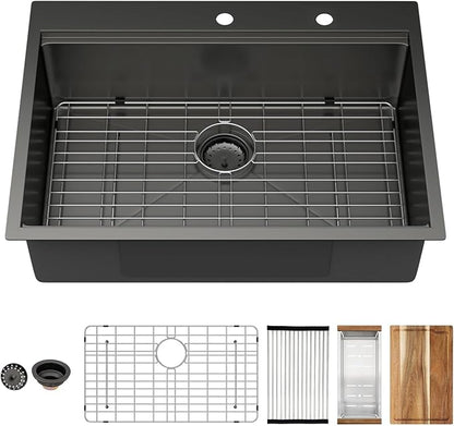 30x22 Black Drop In Kitchen Sink Workstation 16 Gauge Stainless Steel Single Bowl Drop Kitchen Sinks Nano PVD Gunmetal Black Handmade Large Deep Topmount Sinks, 30x22x9 Inch