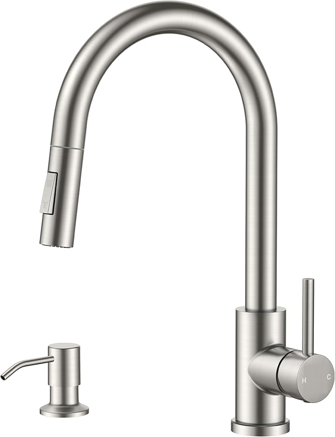 FORIOUS Kitchen Faucet with Pull Down Sprayer, Modern Single Hole Kitchen Sink Faucet with Soap Dispenser, Deck Plate, Brushed Nickel Single Handle, High Arc Stainless Steel for RV Farmhouse Laundry
