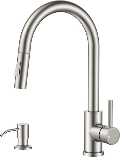FORIOUS Kitchen Faucet with Pull Down Sprayer, Modern Single Hole Kitchen Sink Faucet with Soap Dispenser, Deck Plate, Brushed Nickel Single Handle, High Arc Stainless Steel for RV Farmhouse Laundry