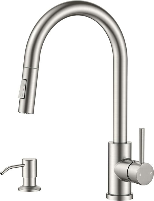 FORIOUS Kitchen Faucet with Pull Down Sprayer, Modern Single Hole Kitchen Sink Faucet with Soap Dispenser, Deck Plate, Brushed Nickel Single Handle, High Arc Stainless Steel for RV Farmhouse Laundry