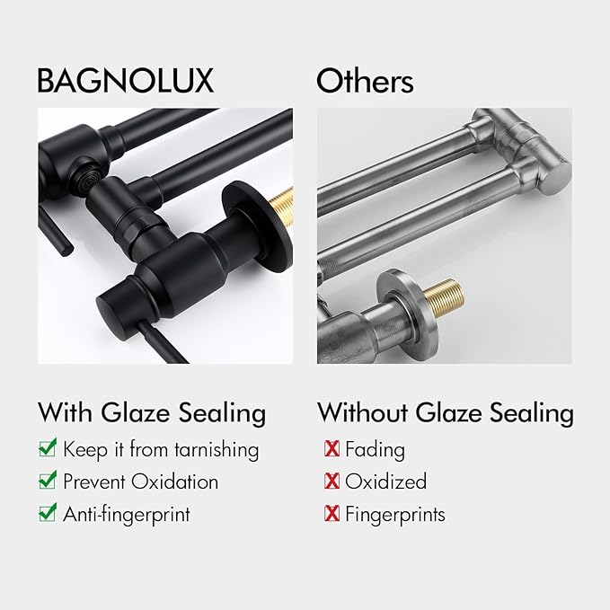 BAGNOLUX Pot Filler Faucet, Wall Mount Pot Filler Commercial Brass Kitchen Faucet Cold Water Only Double Lever Handle with Dual Joint Swing Arm Brass Stove Faucet, Matte Black, 23.4''