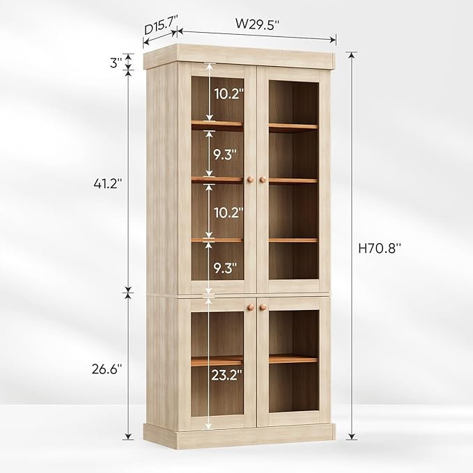 70.8" Tall Farmhouse Kitchen Pantry Cabinet with Glass Doors, Modular Storage Cabinet with 6-Tier Adjustable Shelves, Large Storage Cabinet for Kitchen or Living Room, Set of 4, Brown