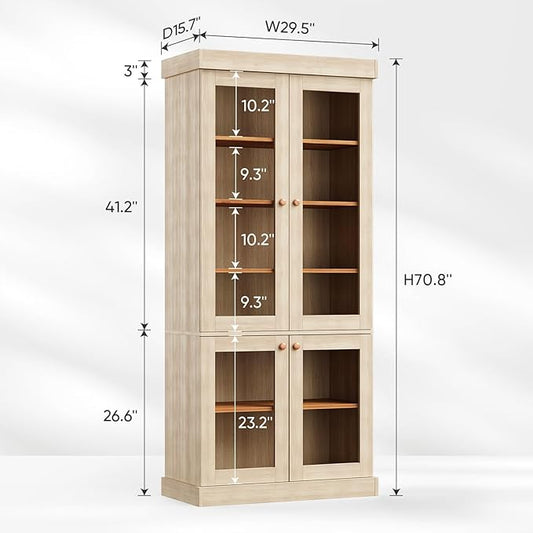 70.8" Tall Farmhouse Kitchen Pantry Cabinet with Glass Doors, Modular Storage Cabinet with 6-Tier Adjustable Shelves, Large Storage Cabinet for Kitchen or Living Room, Set of 4, Brown