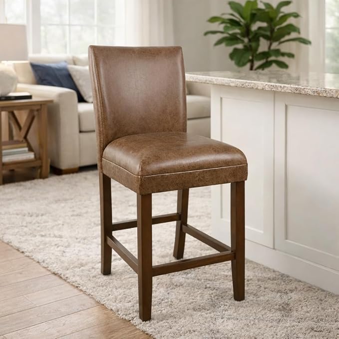 HomePop 24-Inch Counter Height Upholstered Bar Stool, Set of 1, Cognac Brown Faux Leather Seat with Back, Solid Wood Legs, Classic Kitchen Island Counter Height Stool