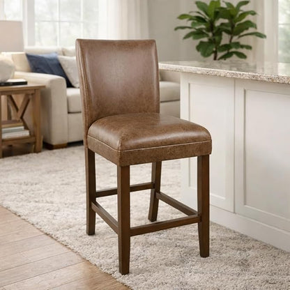 HomePop 24-Inch Counter Height Upholstered Bar Stool, Set of 1, Cognac Brown Faux Leather Seat with Back, Solid Wood Legs, Classic Kitchen Island Counter Height Stool
