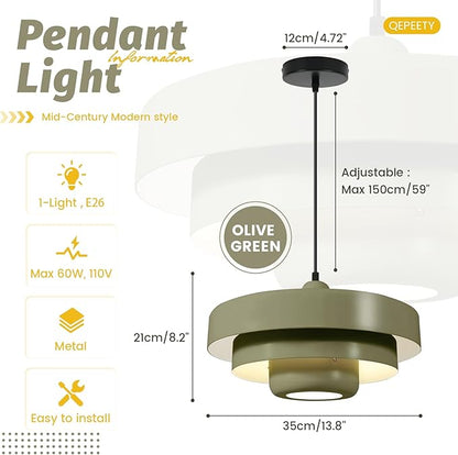 Olive Green Nordic Pendant Light, 13.8" Modern Flush Mount Ceiling Lamp for Kitchen Island, Farmhouse Hanging Light Over Dining Table, Closet, Pantry
