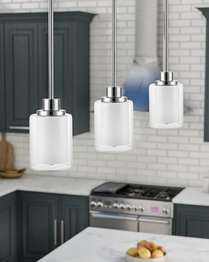 1-Light Mini Pendant Light Fixtures, 2-Pack Modern Hanging Ceiling Light, Adjustable Height, Brushed Nickel Pendant Lighting with Dual Glass for Kitchen Hallway