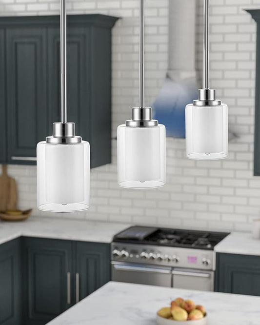 1-Light Mini Pendant Light Fixtures, 2-Pack Modern Hanging Ceiling Light, Adjustable Height, Brushed Nickel Pendant Lighting with Dual Glass for Kitchen Hallway