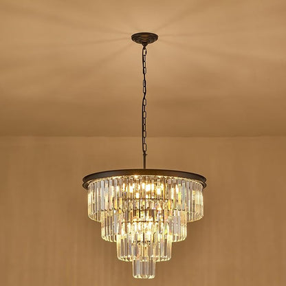 4-Tiers 23.6" Black Modern Crystal Chandelier 12-Light Crystal Pendant Ceiling Light Fixture Hanging Lighting for Entryway Dining Room Bedroom Living Room Foyer High Ceiling