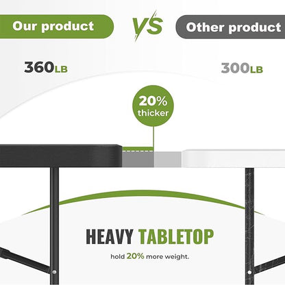 8Ft Plastic Folding Table Heavy Duty Portable Folding Tables 400 lbs, Wood Grain Tabletop for Working Meeting Parties, Picnic, Camping, Garden Dining (Black)