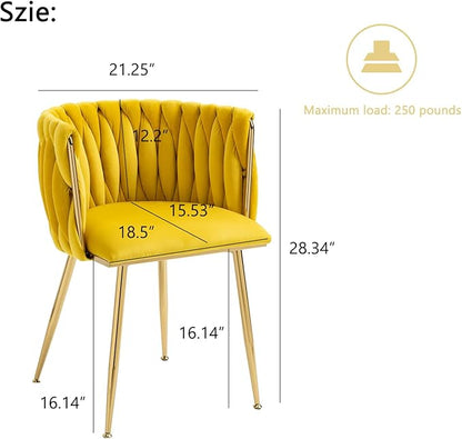 Nrizc Woven Dining Chairs Set of 6, Velvet Upholstered Dining Chairs with Gold Metal Legs, Modern Accent Chairs for Living Room, Dining Room, Kitchen (Yellow)