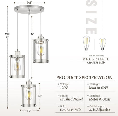 3-Light Pendant Lighting, Brushed Nickel Dining Room Chandelier Light Fixture Over Table with Clear Glass, Modern Cluster Hanging Lights for Kitchen Island Sink, OS-3014-3BN