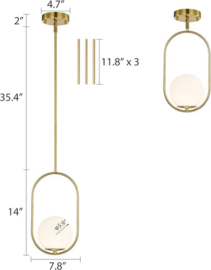 Alighting Gold Globe Pendant Lights Kitchen Island | Mid-Century Modern E12 Pendant Light Fixtures for Dining Room, Bedroom, Entryway, Commercial Spaces, Adjustable Length with 5.9" Glass Shade