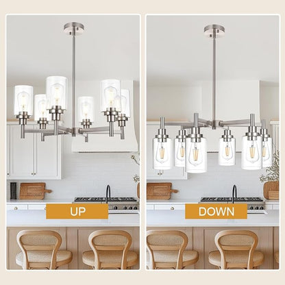 VINLUZ 6 Light Contemporary Chandelier Brushed Nickel Modern Pendant Lighting Cylinder Clear Glass Shaded Classic Ceiling Light Fixtures for Living Room Dining Room Kitchen