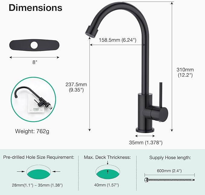 CREA Cold Water Only Matte Black Faucet for Kitchen Bar Outdoor Sink 1 Hole 3Holes(with Deck Plate)，High Arc 360°Swivle Single Handle Cold Water Tap 304 Stainless Steel