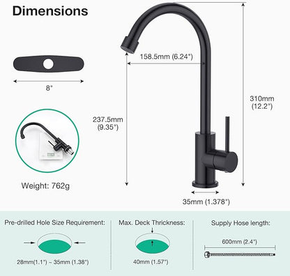 CREA Cold Water Only Matte Black Faucet for Kitchen Bar Outdoor Sink 1 Hole 3Holes(with Deck Plate)，High Arc 360°Swivle Single Handle Cold Water Tap 304 Stainless Steel