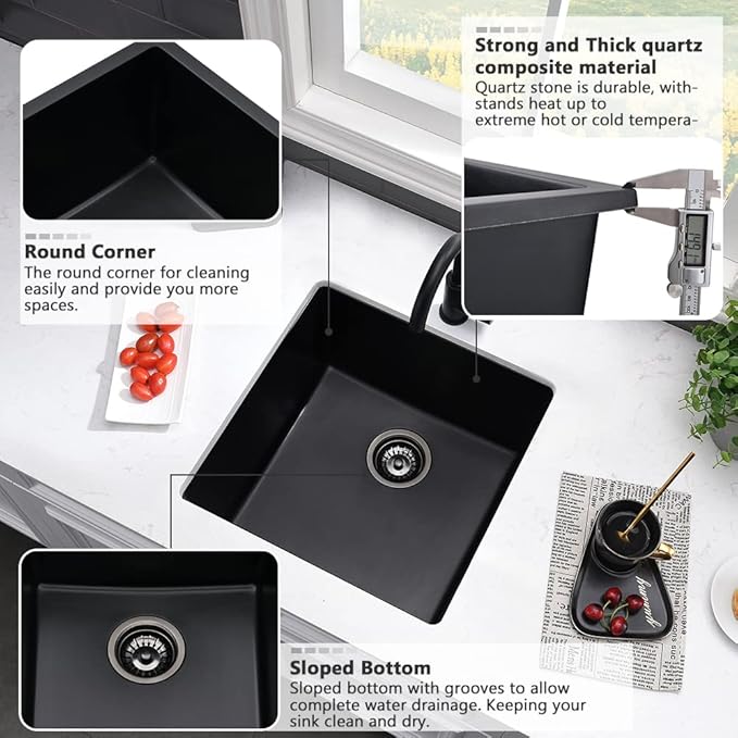 21 Inch Black Undermount Bar Sink-VASOYO 21x19 Undermount Wet Bar Sink Black Granite Composite Single Bowl Quartz Outdoor Rv Kitchen Sinks Small Prep Sinks with Bottom Grid