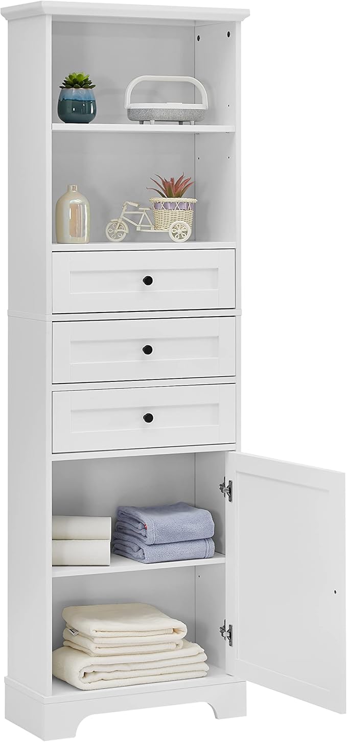 67" H Storage Cabinet with Drawers and Door, Tall Bookshelf Space Saver for Bathroom or Kitchen, Adjustable Shelf, White
