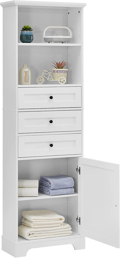 67" H Storage Cabinet with Drawers and Door, Tall Bookshelf Space Saver for Bathroom or Kitchen, Adjustable Shelf, White
