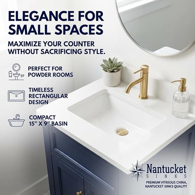Nantucket Sinks UM-159-W Small Undermount Bathroom Sink – 15" x 9" Interior Rectangular Bowl, Ceramic Bath Sink for Vanity, w Overflow, High Gloss White Vitreous China, Scratch & Stain Resistant