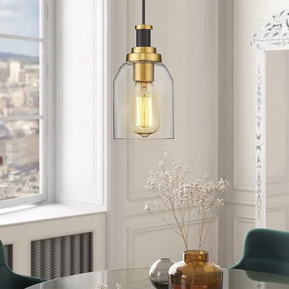 zeyu Modern Hanging Pendant Lights 2 Pack, Kitchen Pendant Lighting with Clear Glass Shade, Black and Gold Finish, ZG33M1L-2 BK+BG