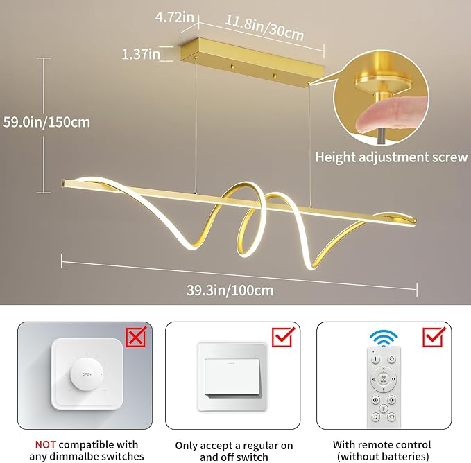 Modern LED Gold Pendant Light, 39IN Ceiling Chandelier Fixtures Dimmable with Remote Control 3000k-6500K Adjustable Color Temperature, Aluminum Island Lighting Lamp for Dining Room, Living Room
