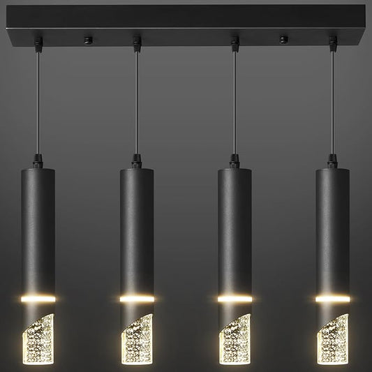 Modern LED Pendant Lighting Fixture 48-Watt 4 Light Black Kitchen Island Chandelier Dimmable Kitchen Light Fixtures Perfect for Dining Room Hanging Island Lighting Crystal Bubble Pendant Lights