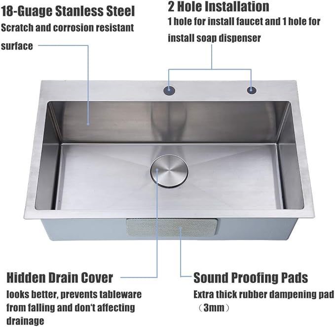 30 inch Drop in Kitchen Sink, Topmount Single Bowl 304 Stainless Steel Handmade Satin Finish Kitchen Sinks with Dish Grid and Strainer