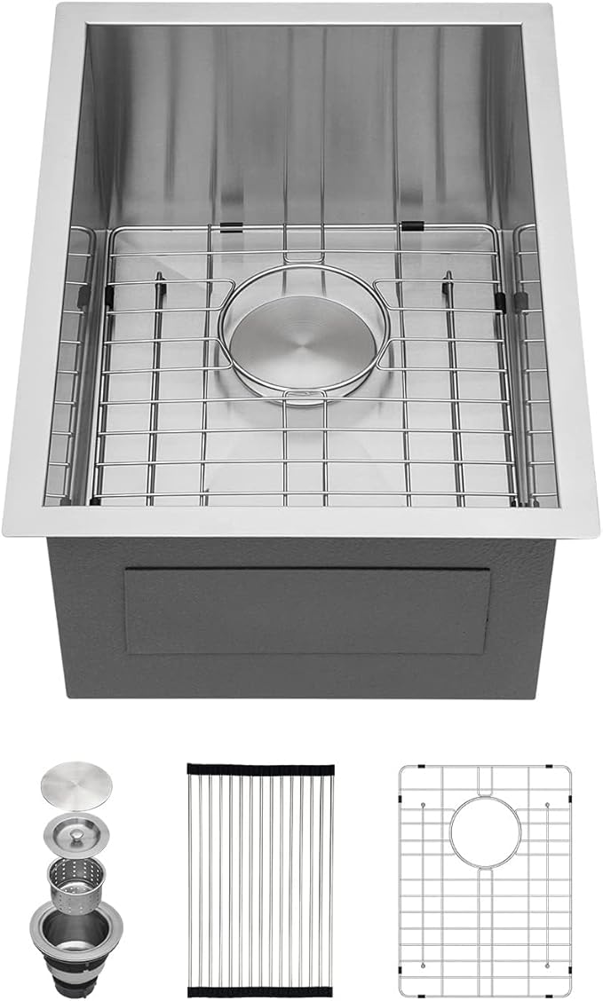 Kichae 15 Inch Undermount Sink Stainless Steel Bar Prep Sink 15x17 Undermount Single Bowl 16 Gauge Stainless Steel RV Kitchen Sinks Handmade Round Corner
