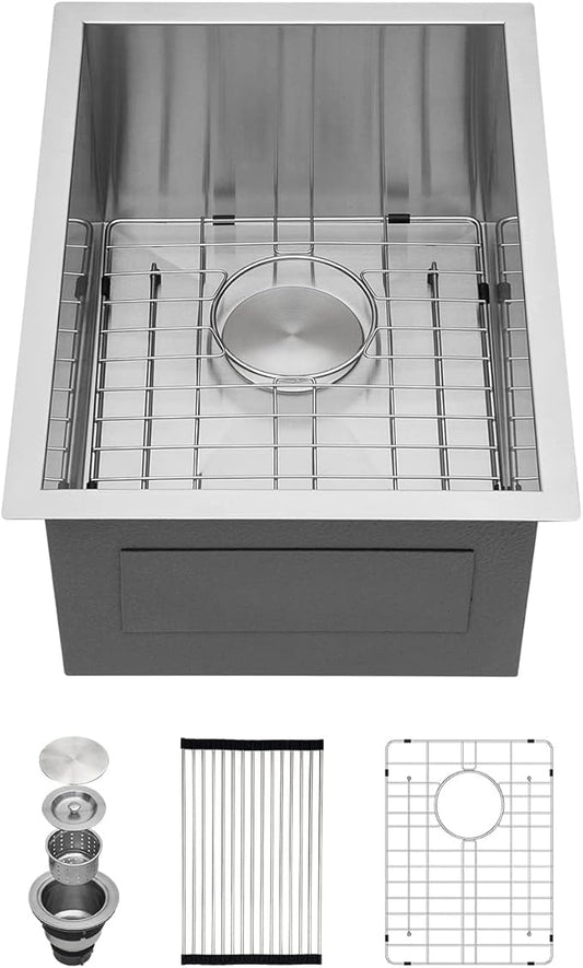 Kichae 15 Inch Undermount Sink Stainless Steel Bar Prep Sink 15x17 Undermount Single Bowl 16 Gauge Stainless Steel RV Kitchen Sinks Handmade Round Corner
