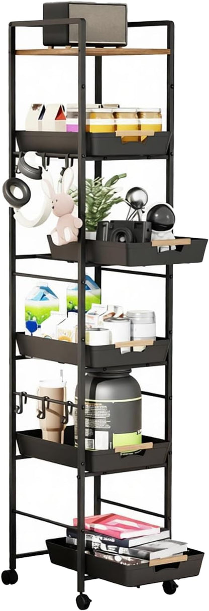 6-Tier Slim Rolling Storage Cart with Wheels, Metal Organizer Tall Rolling Cart, Wood Top Narrow Mobile Utility Cart with Pull-Out Baskets for Kitchen, Bathroom, Laundry Room, 13in(W) Black