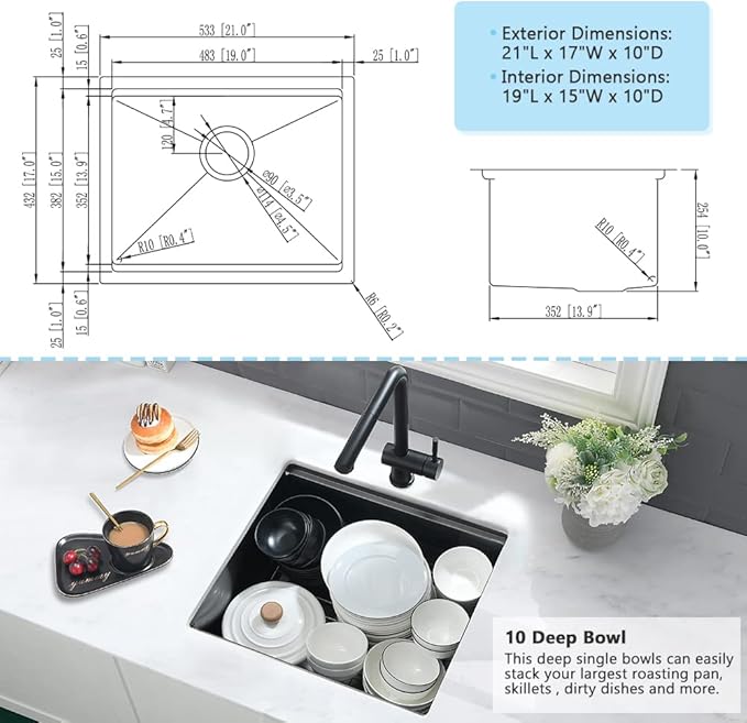 Black Undermount Bar Sink-VASOYO 21x17 Small Kitchen Sink Undermount Wet Bar Sinks 16 Gauge Black Stainless Steel Single Bowl Deep Rv Sinks with Cutting Board