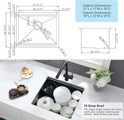 Black Undermount Bar Sink-VASOYO 21x17 Small Kitchen Sink Undermount Wet Bar Sinks 16 Gauge Black Stainless Steel Single Bowl Deep Rv Sinks with Cutting Board