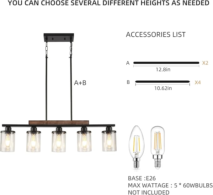 Dining Room Light Fixture,5-Light Kitchen Island Lighting Farmhouse Chandelier,Matte Black Metal Wood Industrial Pendant Lighting,Modern Dining Table Lights
