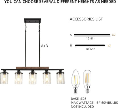 Dining Room Light Fixture,5-Light Kitchen Island Lighting Farmhouse Chandelier,Matte Black Metal Wood Industrial Pendant Lighting,Modern Dining Table Lights