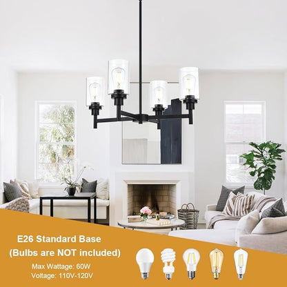 VINLUZ 4 Light Glass Farmhouse Chandelier Black Kitchen Lighting Fixture Hanging with Cylinder Clear Glass Pendant Light for Dining Room Bedroom