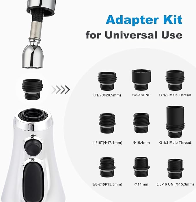 Hibbent Pull Down Spray Head for Kitchen Faucet, NSF/ANSI/CAN 61 & CUPC Certified 3-Function Spray Nozzle, 15 Adapters, Sink Faucet Head Replacement Compatible with Moen, Delta, Kohler, Chrome