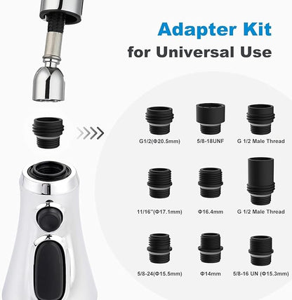 Hibbent Pull Down Spray Head for Kitchen Faucet, NSF/ANSI/CAN 61 & CUPC Certified 3-Function Spray Nozzle, 15 Adapters, Sink Faucet Head Replacement Compatible with Moen, Delta, Kohler, Chrome