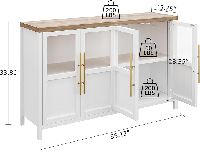Garvee Large Buffet Cabinet with Storage, Sideboard Buffet Cabinet with Glass Doors, Modern Farmhouse Storage Cabinet Table for Kitchen Dining Room, Living Room (White, Glass with 4 Doors)