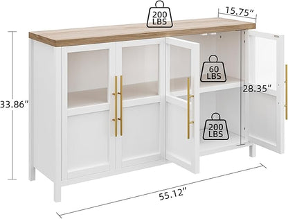 Garvee Large Buffet Cabinet with Storage, Sideboard Buffet Cabinet with Glass Doors, Modern Farmhouse Storage Cabinet Table for Kitchen Dining Room, Living Room (White, Glass with 4 Doors)