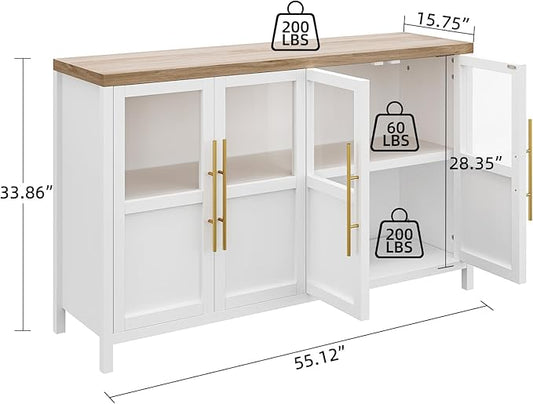 Garvee Large Buffet Cabinet with Storage, Sideboard Buffet Cabinet with Glass Doors, Modern Farmhouse Storage Cabinet Table for Kitchen Dining Room, Living Room (White, Glass with 4 Doors)