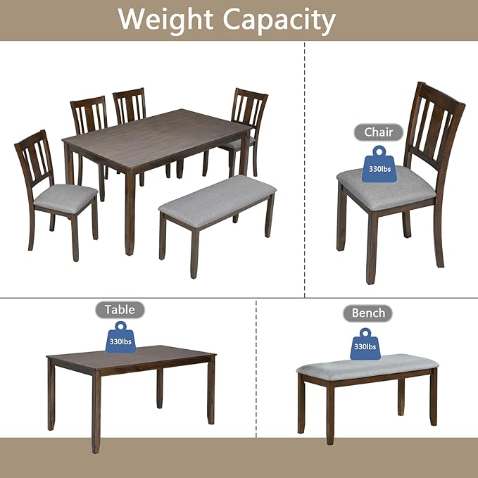 6-Piece Wooden Dining Table Set with 4 Upholstered Chairs and 1 Bench, Rectangular Kitchen Table Set for 7 People, Modern Dining Room Table for Kitchen and Dining, Walnut
