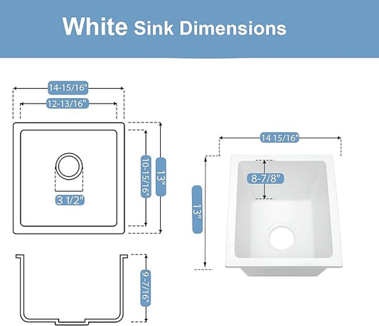 White Bar Sink, 13 Inch Undermount Quartz Stone Kitchen Sink, 13'' x 15'' White Granite Composite Kitchen Sinks With Gold Sink Drain Assembly and Gold Sink Bottom Grid