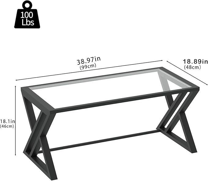 Wolawu Coffee Table Black Glass Coffee Table for Living Room,Modern Rectangular Center Table with Sturdy Metal Frame,Tempered Glass Table Tea Tables for Bedroom Home Office